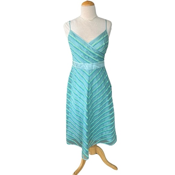 Y2K Betsey Johnson Ribbon Chevron A-Line Dress Black Label Aqua Green Sz 8 FLAW - Picture 1 of 15